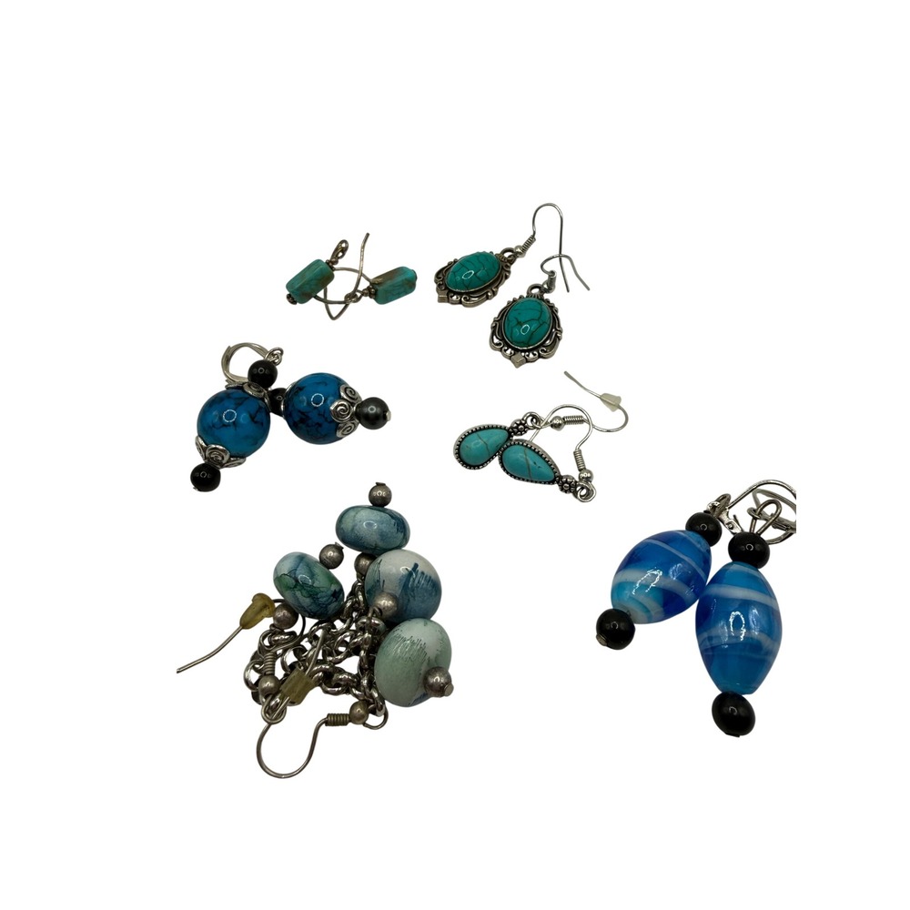 Boho Coastal Silver Tone Beaded Earrings Lot of 6 — Turquoise Blue Dangle - Picture 3 of 10